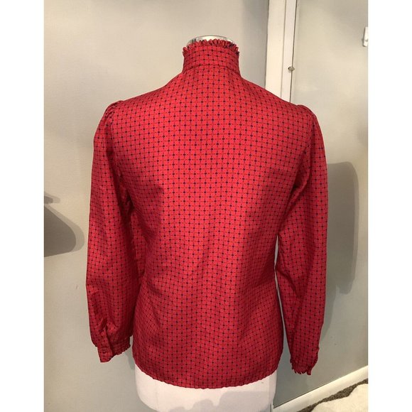 Vintage :: Red Polka Dot Secretary Blouse Size M Puffy Sleeve High Neck Ruffles - Picture 8 of 11